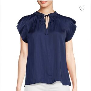 Catherine Malandrino ruffle satin keyhole Navy Blouse size M